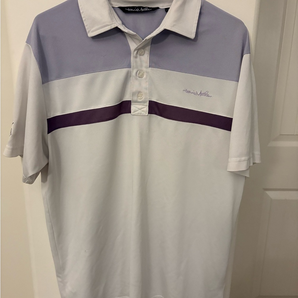 Travis Mathew Men's White Polo with Lavender and Plum Stripe